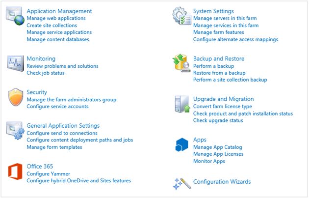 10 Sections of SharePoint Server 2016 Central Administration